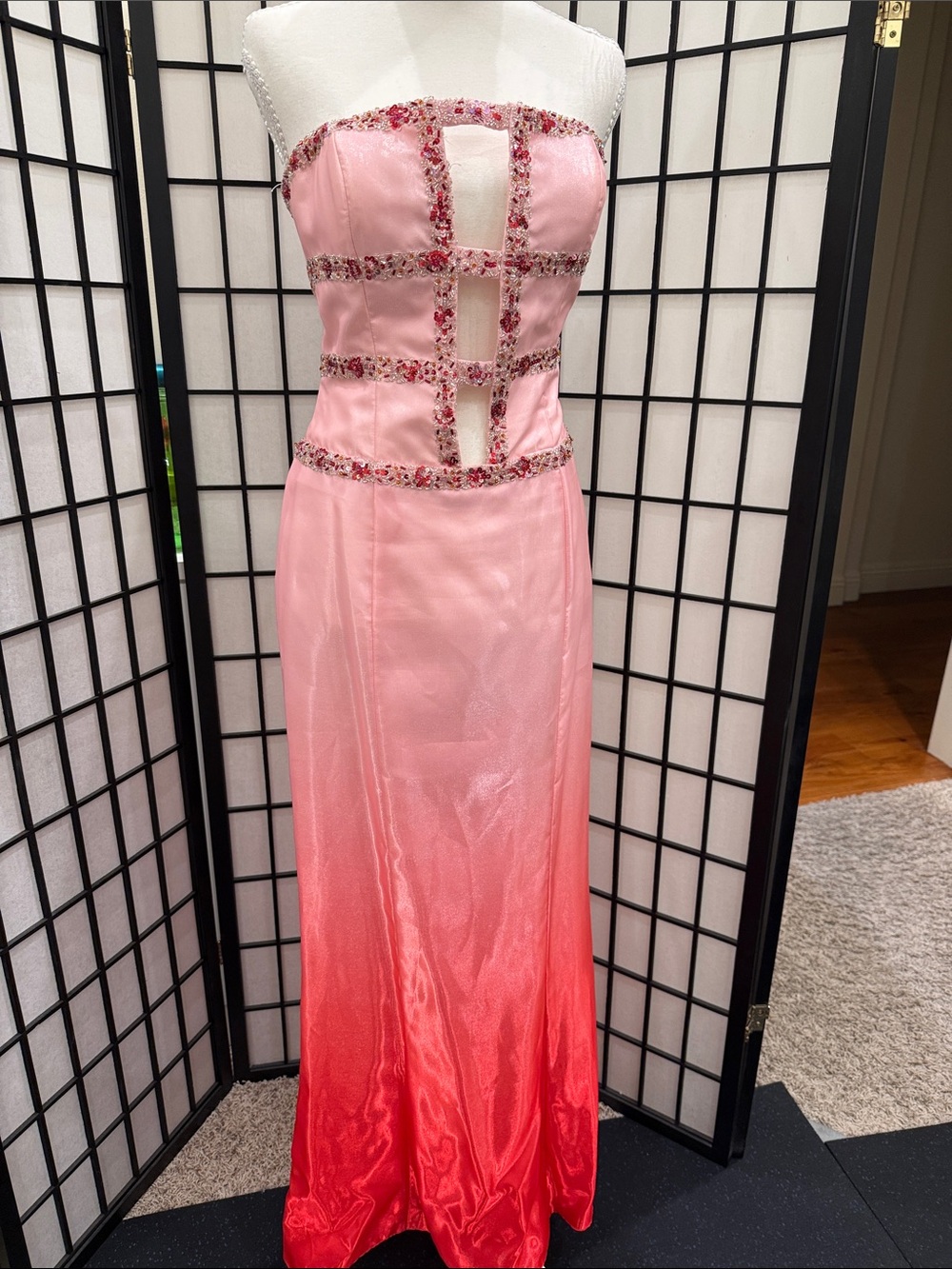 Precious Formals Strapless Pink to Red Ombre Gown with Beaded Trim